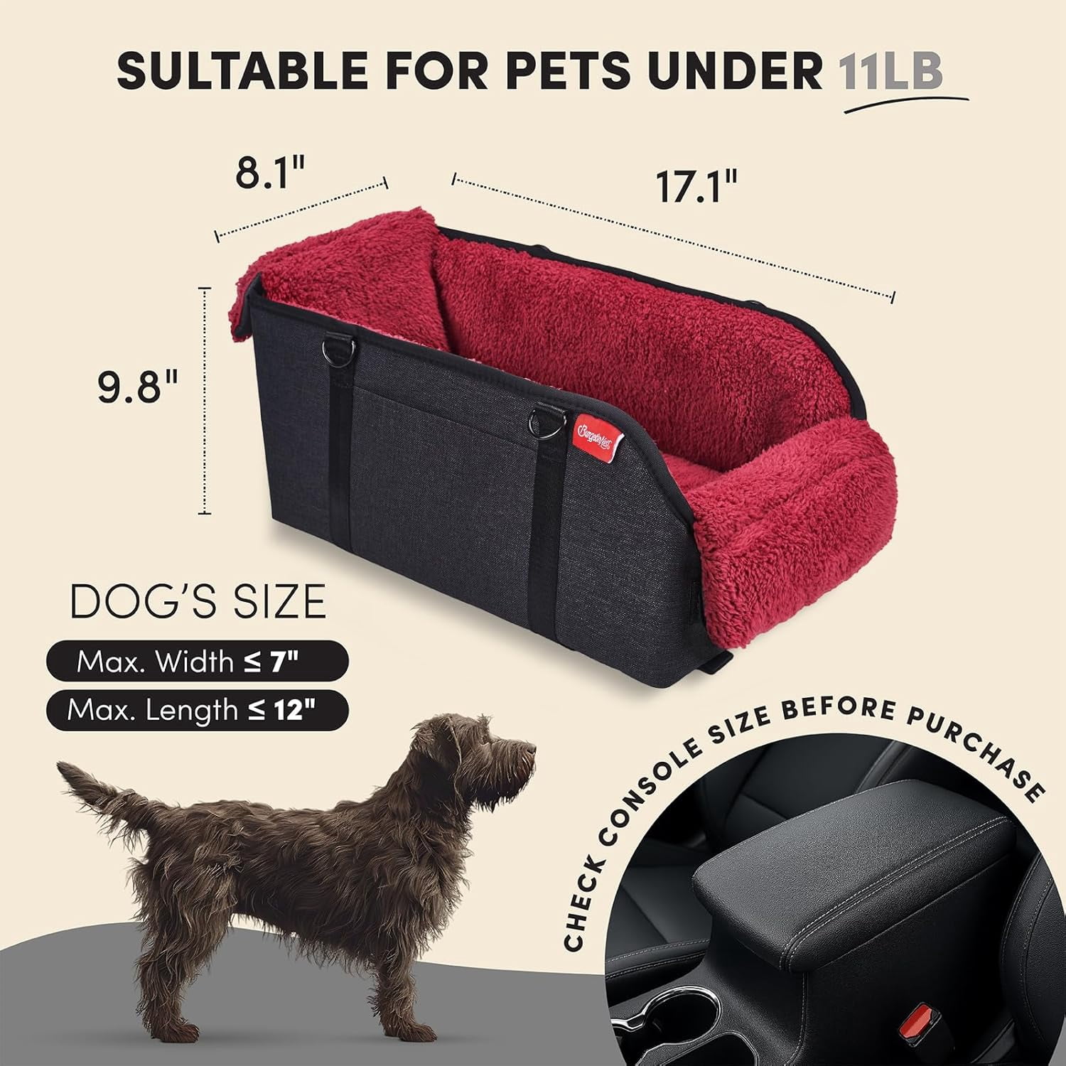Center Console Small Dog Car Seat - Portable Pet Cat Puppy Booster Armrest Carseat Up to 11lbs, Anti-Collapse Comfort Car Travel with Washable Fluffy Cushion and Pillow, Red