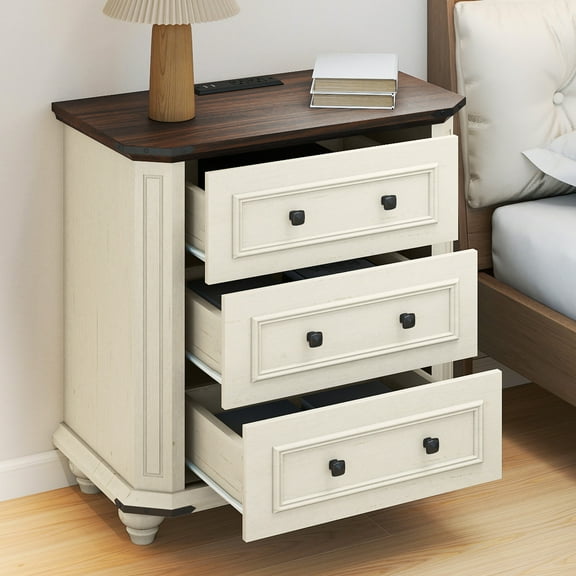 Craftian Rustic Bedside End Table with Power Outlets & 3 Drawers, White