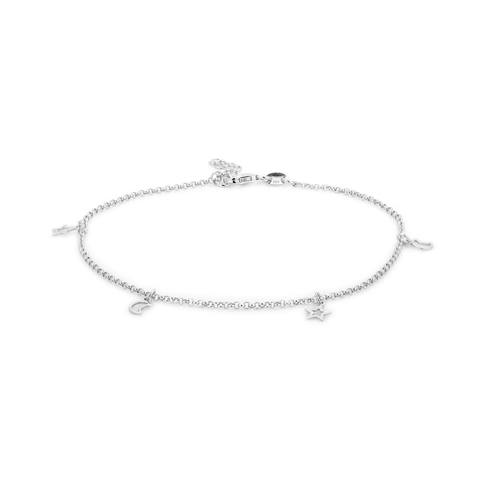 Vanbelle Sterling Silver Jewelry Open Star & Moon Anklet with Rhodium Plating for Women
