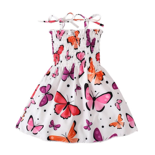 Qudderr Robe à Bretelles Spaghetti pour Bébé Fille, Dos Nu, Sans Manches, d'Été, Décontractée, Robe Soleil, Tout-Petit, Ligne A, Imprimée, en Coton, pour 1-5 Ans
