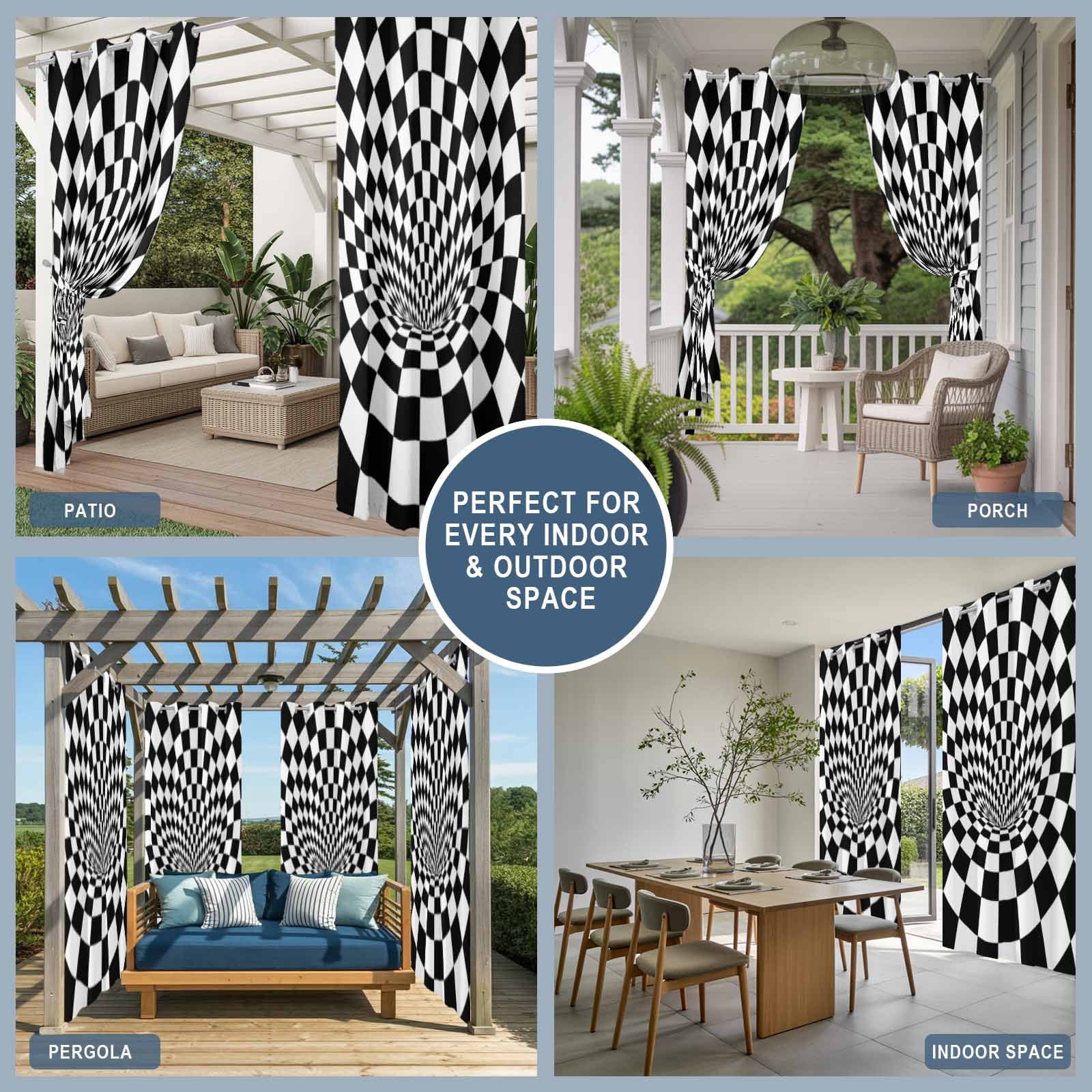 Black White Checker Outdoor Curtains for Patio, Modern Abstract Checkered Tunnel Mosaic Cubes Sunshade Privacy Drapes Grommet Waterproof Outside Curtains for Porch/Cabana/Balcony 54"x 108", 1 Panel