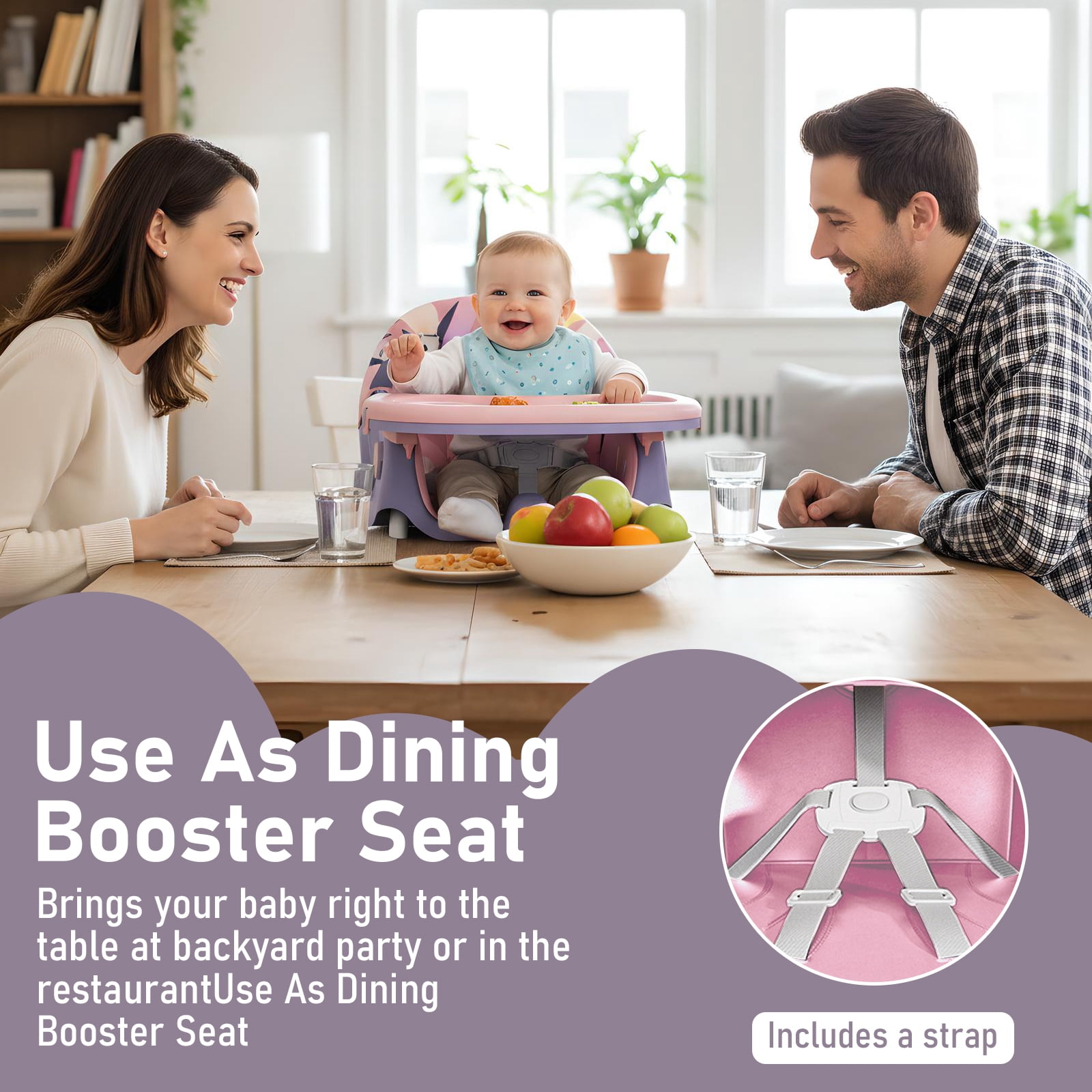 JieC Baby High Chair, 4 in 1 Convertible Highchair for Babies & Toddlers, Double Tray Dining Chair with 5-Point Harness & Silent Wheel,Pink Purple