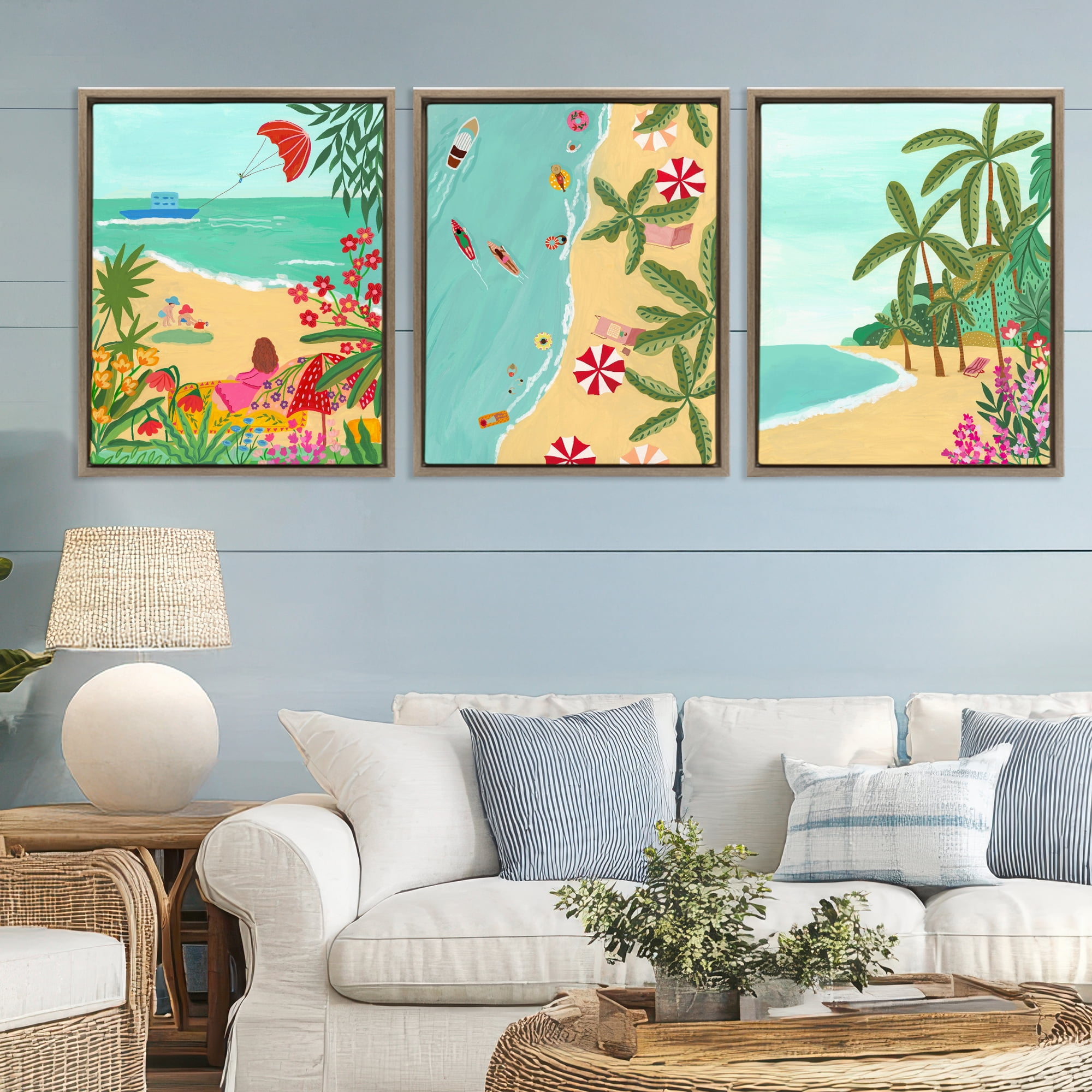 Busy Beach And Flowers 3 Piece Brown Framed Floater Canvas Set, design by Nabeela Rumi