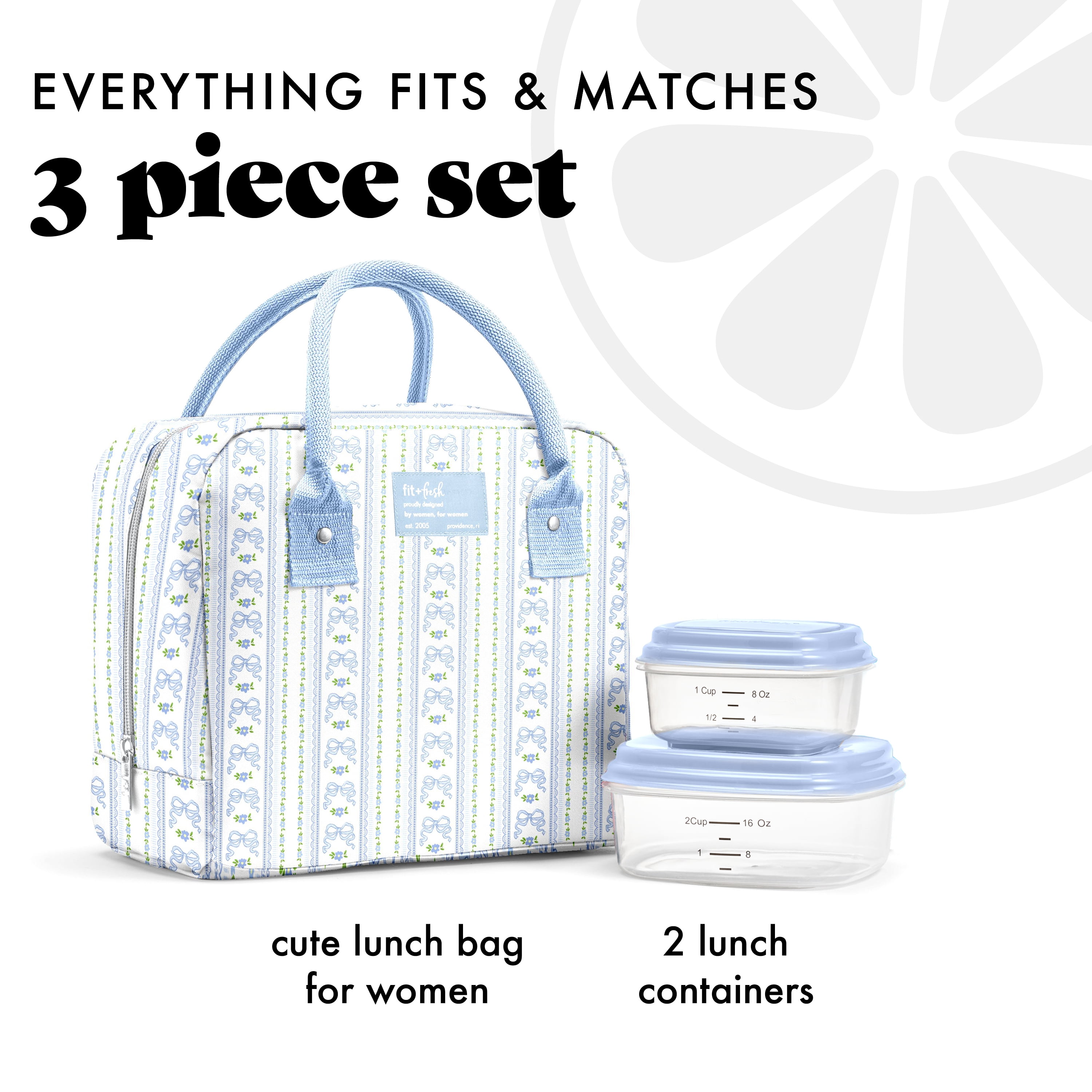 Fit + Fresh Bloomington Womens Lunch Bag, Insulated Lunch Box With Containers, Blue Wallpaper Bows