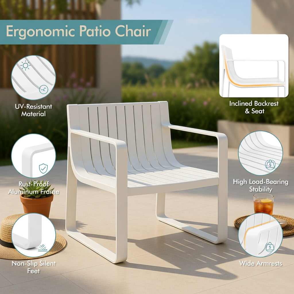 Hommoo 2-Piece Outdoor Patio Chair Set, Ergonomic Curved Back & Seat, Weather-Resistant PP Chairs for Deck, Poolside & Backyard, White