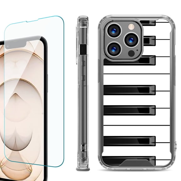Shockproof Bumper Phone Case for iPhone 13 Pro Max, with Tempered Glass Screen Protector, by OneToughShield ® - Piano Design