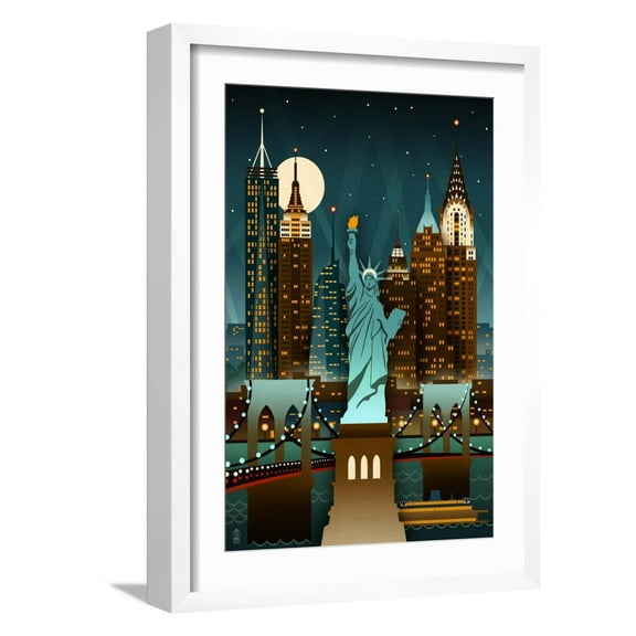 Art.com New York City, New York - Retro Skyline (no text) Art Print by Lantern Press, White Frame Wall Art, 17" x 23"