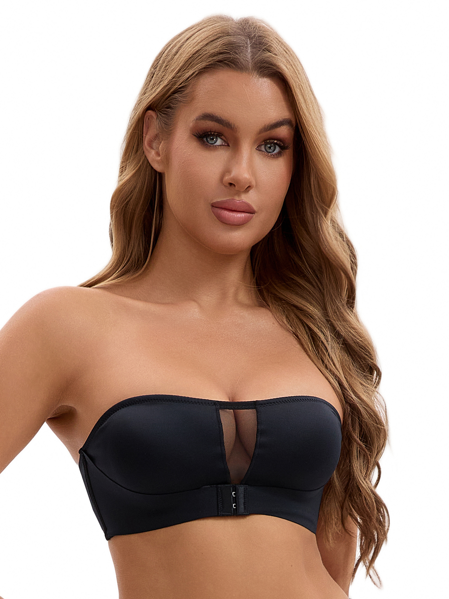 Unique Bargains Women's Front Closure Wirefree Strapless Tube Bras M Black