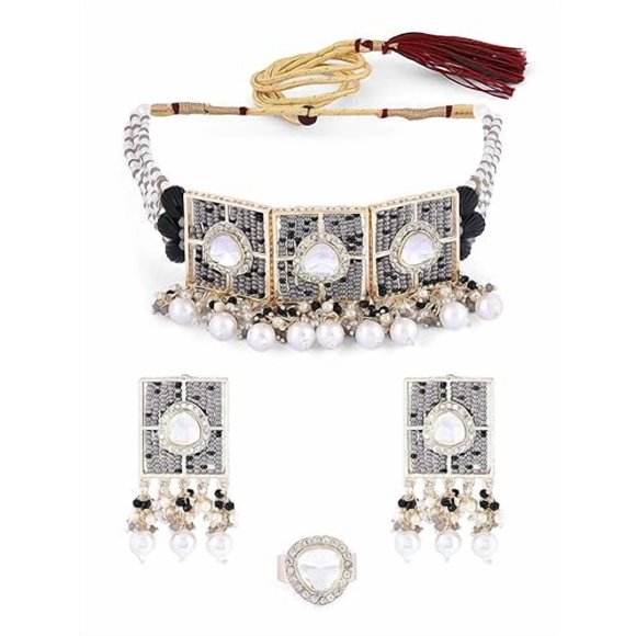 Multistrand Black & Grey Beaded Cluster Choker Necklace Set With Earring & Ring Set For Women | Trend Choker Necklace - Ethnic Indian Styles & Designs Choker Jewellery Set For Collection