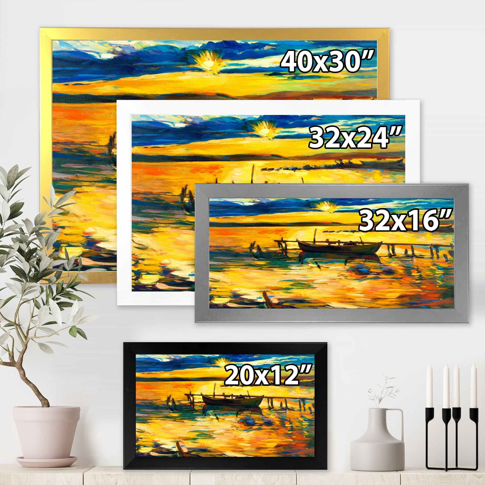 Boat At The Lake During Evening Glow VI 40 in x 30 in Framed Painting Canvas Art Print, by Designart