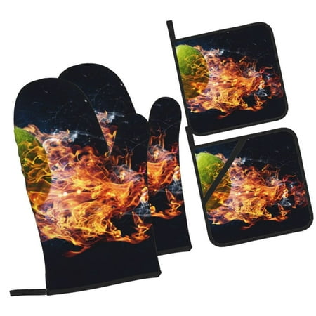 

Daiia Tennis Ball In Fire1 Pattern Oven Mitts and Pot Holders 4 pcs Set High Heat Resistant 500 Degree Extra Thicken Long Kitchen Cotton Oven Glove