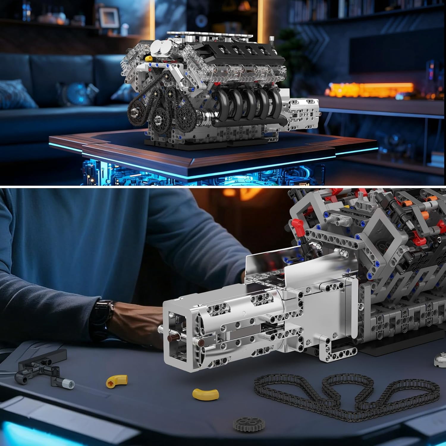 Engine Building Blocks Sets- Build Your Own STEM V10 Engine Model Kit, 10-Cylinder Car Engine Building Engineering Toys for Adults Collections Home or Office Décor (1834+PCS)