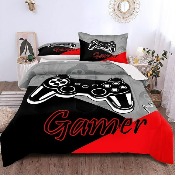 Gaming Comforter Set Queen Size for Boys Kids Game Room Decor Video Game Gamer Comforter Teens Bedroom Gamepad Bedding Set All Season