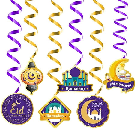 

Dasbsug Eid Mubarak Swirl Pendant 6pcs/Set Moon Star Castle Spiral Hanging Ornament for Islam Muslim Ramadan Party Wall Door