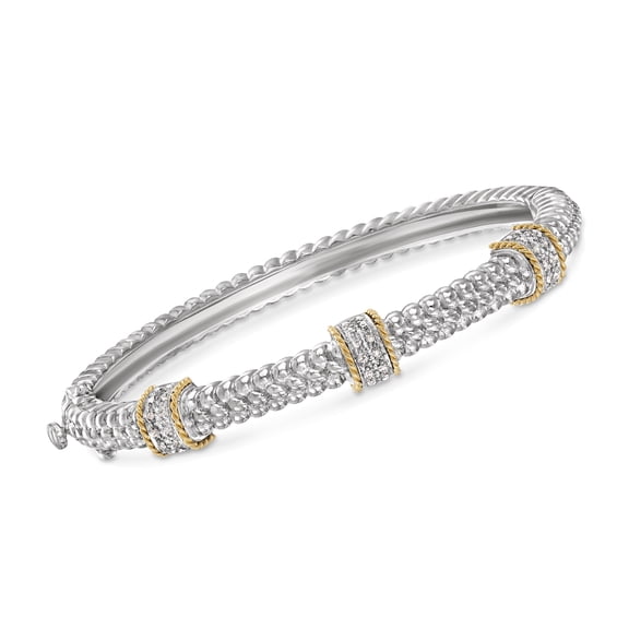 Ross-Simons 0.11 ct. t.w. Diamond Station Bangle Bracelet in Sterling Silver and 14kt Yellow Gold, Women's, Adult