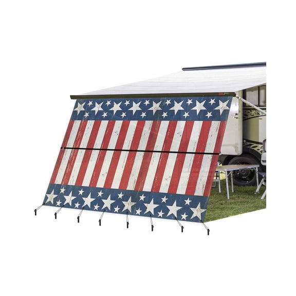 4th of July RV Awning Sun Shade Screen 9'X15.3' Patriotic Star Stripes Mesh Sunscreen Rustic Red White and Blue Awning Shade Screen with Zipper UV Blocker Completed Kits for RV Motorhome Camper