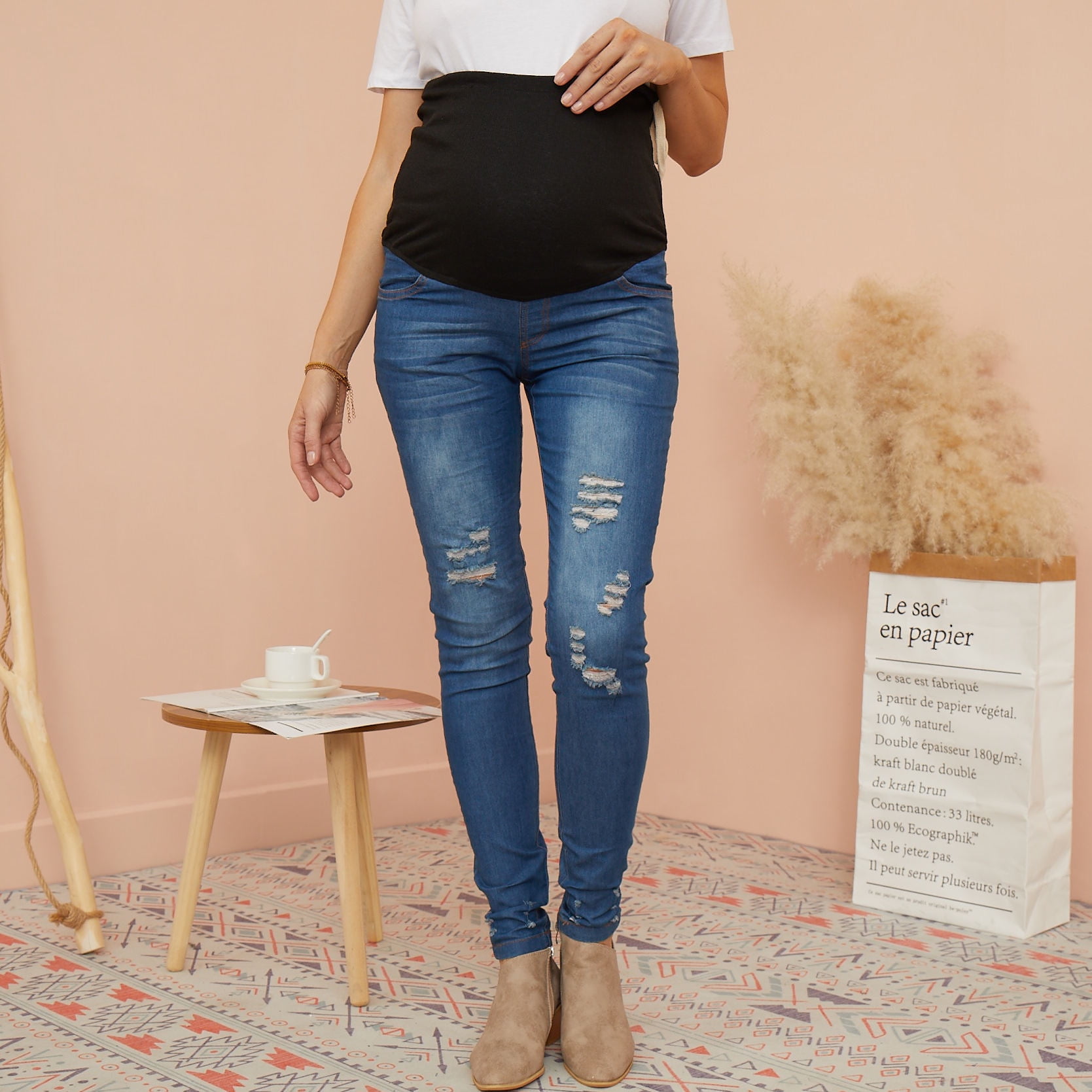 Foucome Maternity High Waist Skinny Stretch Ripped Jeans Destroyed Denim Pants 