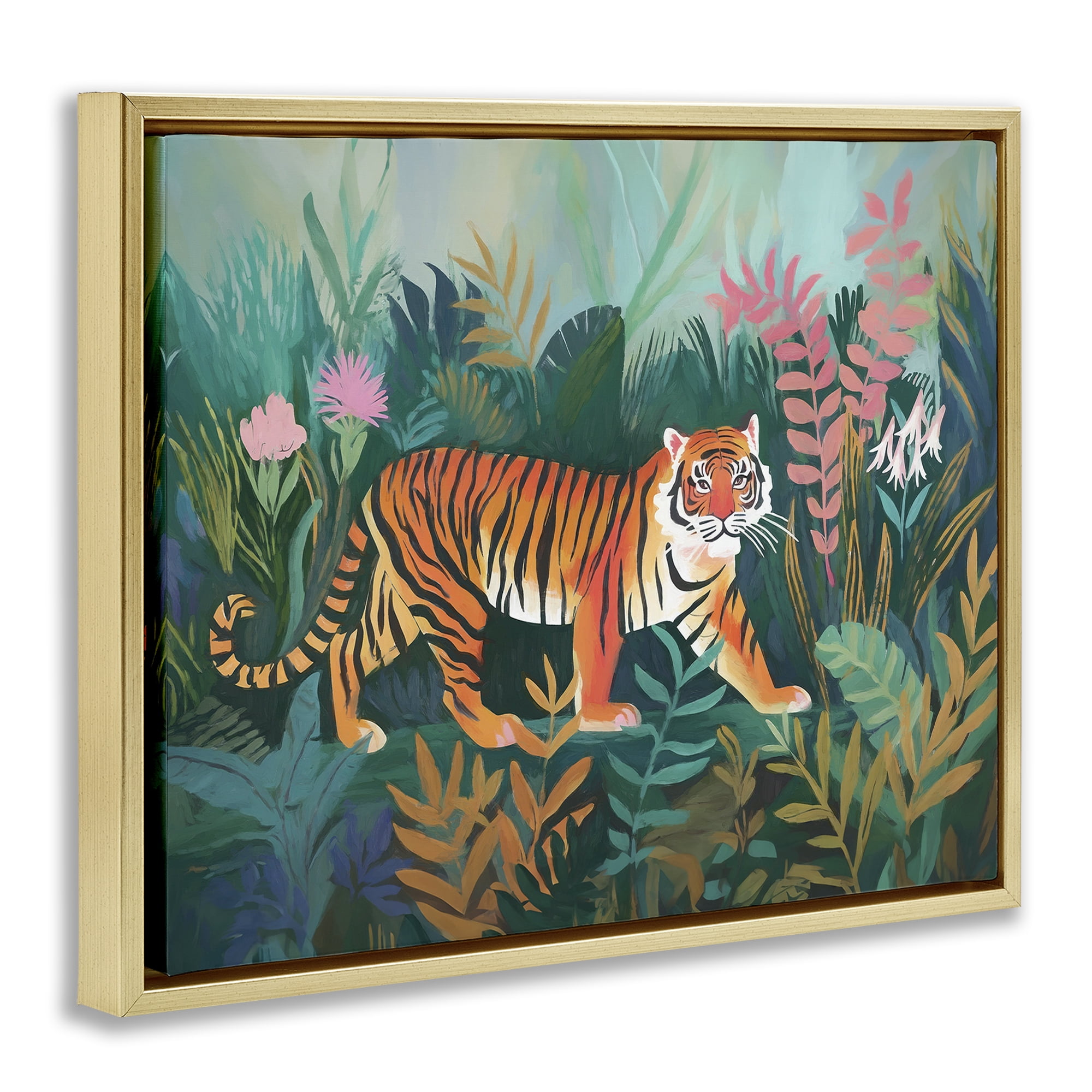 Stupell Industries Tiger in Jungle Leaves Animals & Insects Painting Gold Floater Framed Canvas Art Print Wall Art, 21 x 17