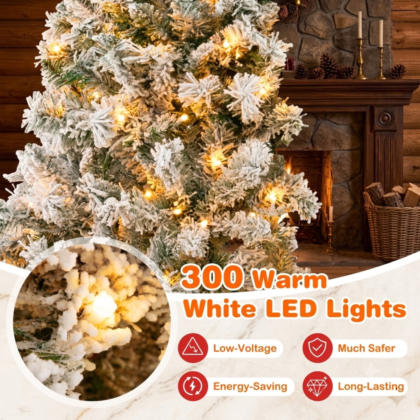 RUIE 6 ft Flocked Artificial Christmas Tree, Pre-Lit Green White Xmas Tree with 300 LED Lights, 644 Branch Tips, 3-Minute Shape