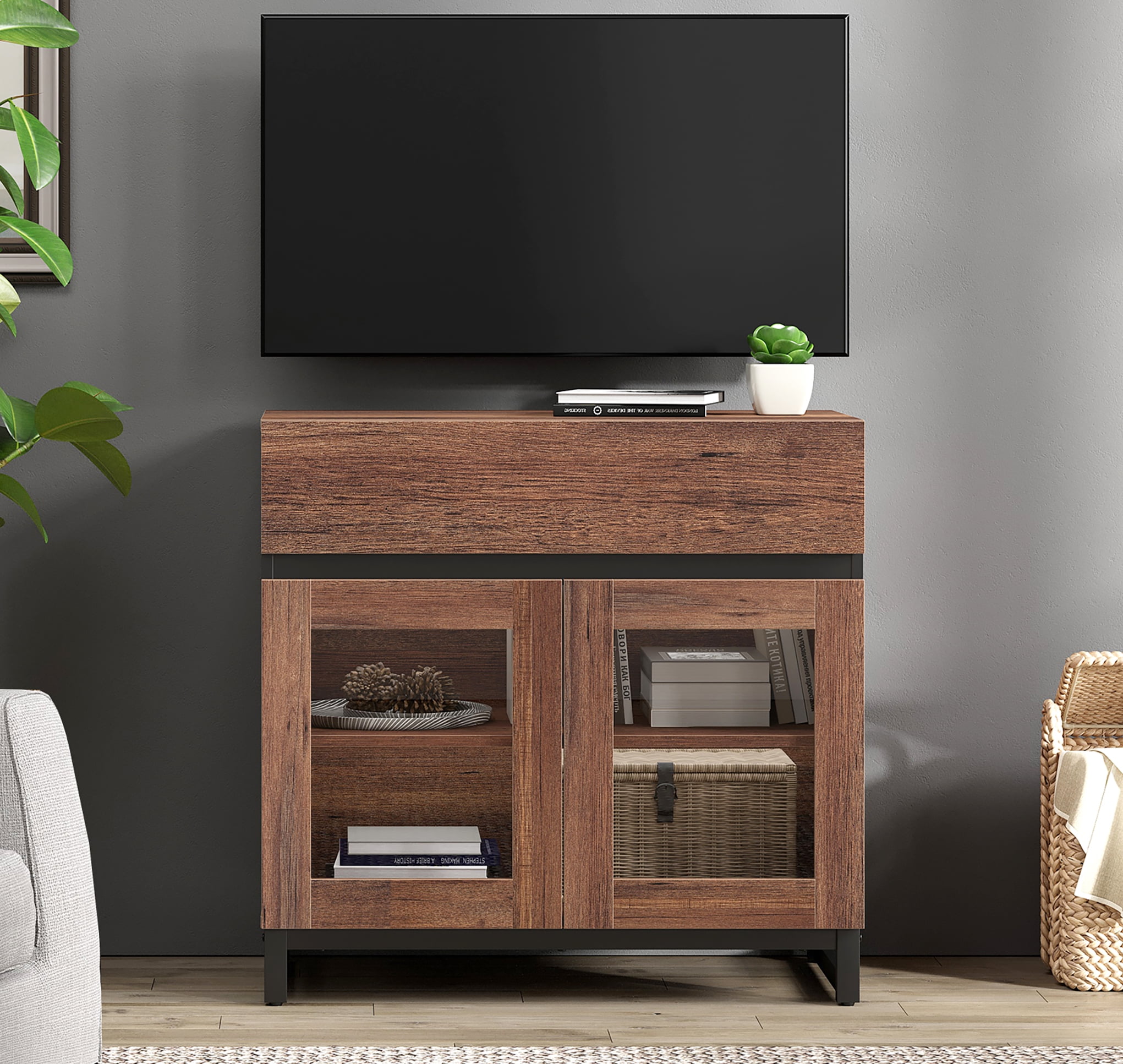 Modern TV Stand with Glass Door & 1 Drawer, Metal Base Entertainment Console for 32-40 Inch TVs, Media Console for Living Room & Bedroom,Brown