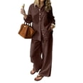 thumbnail image 3 of Linen Blend Long Sleeve Button Down Set for Women, Notched Collar Shirt & Wide Leg Pants - Casual Solid Color Two Piece Lounge Outfit with Pockets Brown S, 3 of 6