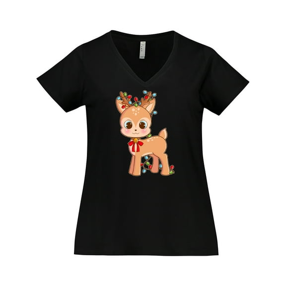 Inktastic Cute Christmas Reindeer with Christmas Lights Women's Plus Size V-Neck T-Shirt