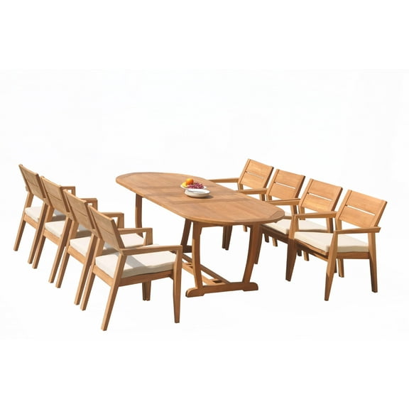 Grade-A Teak Dining Set: 8 Seater 9 Pc: 94" Mas Oval Trestle Leg Table And 8 Vellore Stacking Arm Chairs Outdoor Patio WholesaleTeak #51VL2309