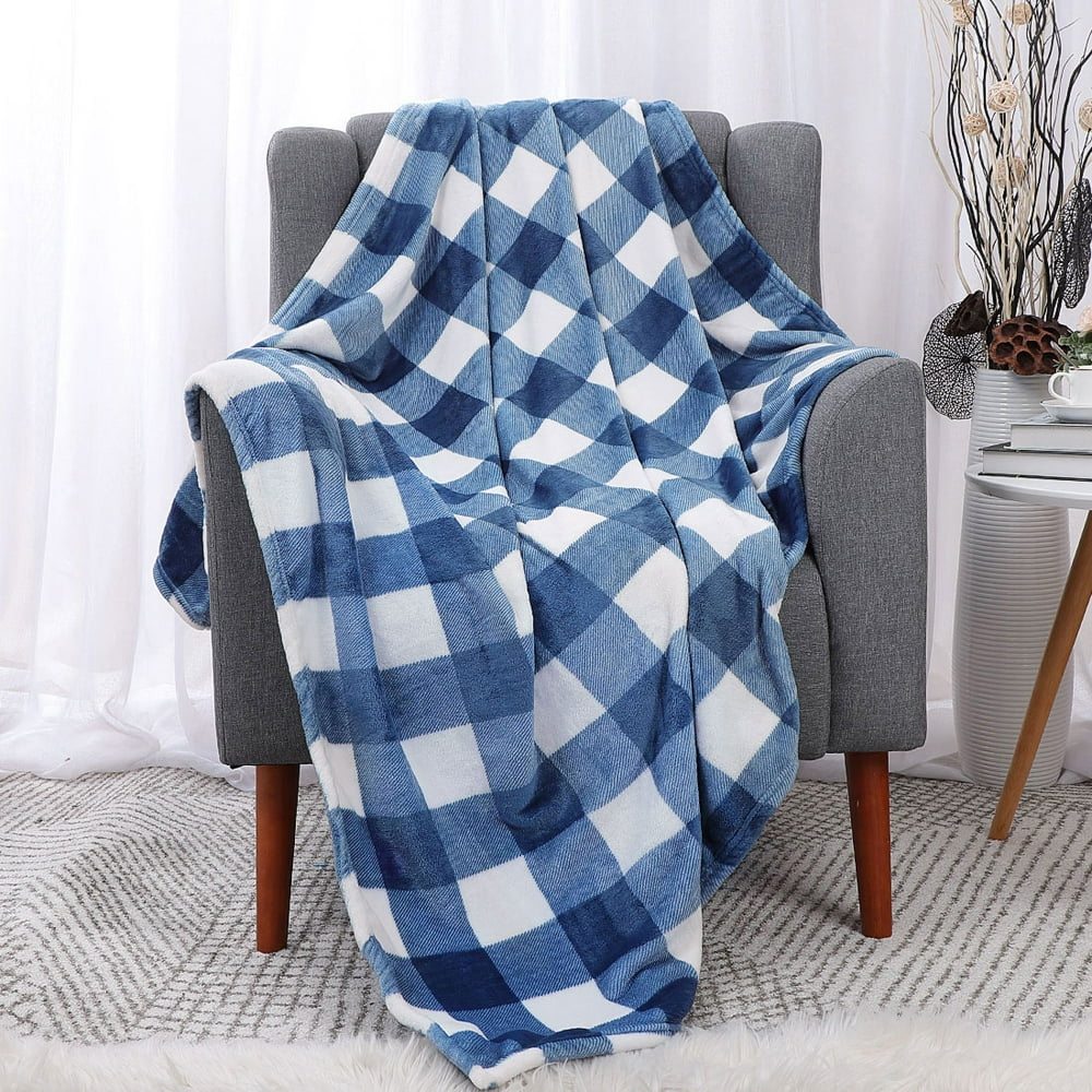 PiccoCasa Flannel Fleece Plaid Soft Throw Blanket, 50"x 60", White and