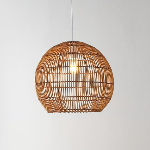 JONATHAN Y Raya 19" 1-Light Farmhouse Coastal Rattan 180" Cord Plug-In or Hardwired LED Pendant, Brown