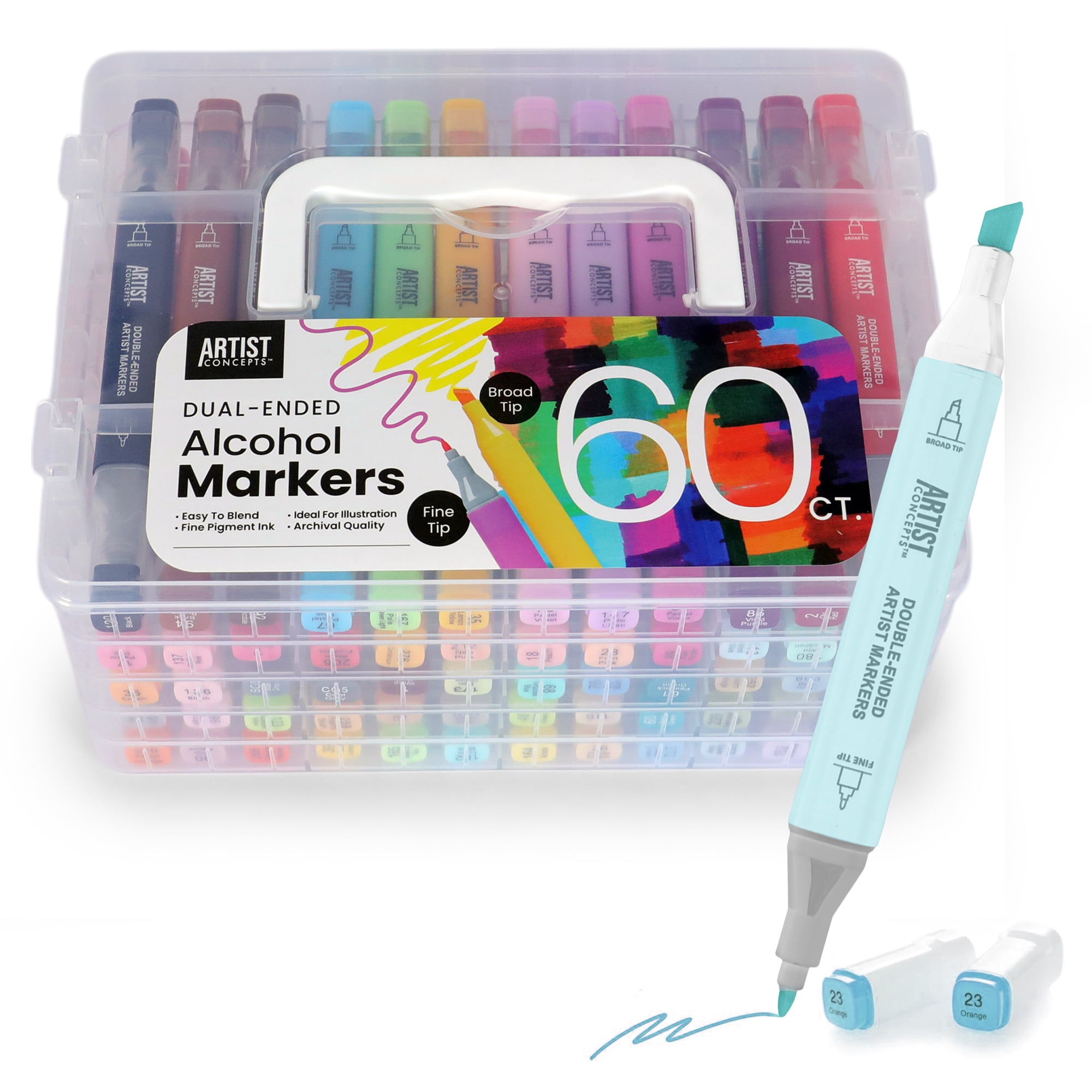 Artist Concepts Dual-Ended Alcohol Markers Set with Plastic Case, Fine & Chisel Tips, Multicolor, 60 Count