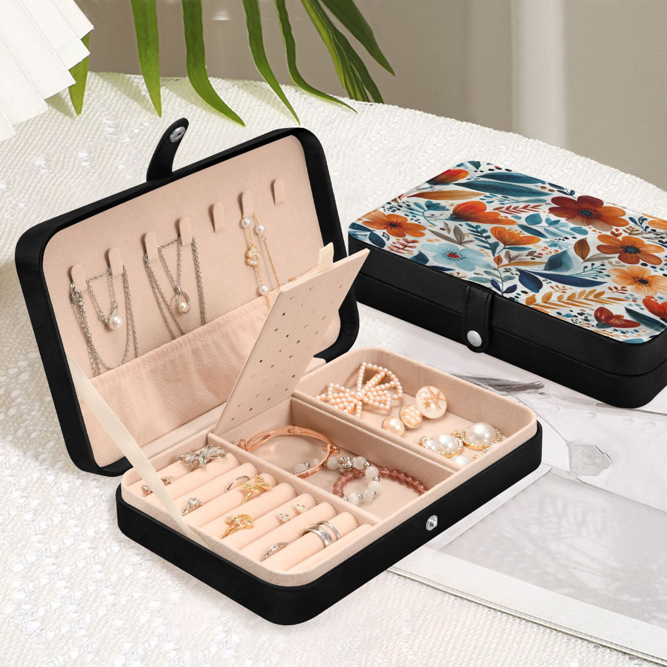 Leather Jewelry Box Rectangular 8.27x5.5x1.78In Travel Jewelry Storage Earrings Necklace Bracelet Watch Brooch Storage Watercolor Beautiful Flowers