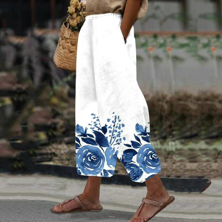 nsendm plus Size Wide Leg Pants Women Gradient Floral Print Loose Elastic  Cotton Linen Womens Yoga Pants with Pockets Women Pants Blue Large