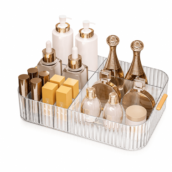 ABPETE Large Makeup Organizer, Clear 12 Slot Makeup Brush Holder with Handle, Vintage Striped Cosmetic Storage Box for Bathroom Countertop Desk Vanity