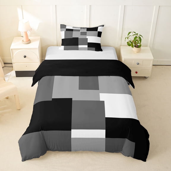 Homewish Minimalist Grid Twin Duvet Cover,Mid Century Art Twin Bedding,Black Gray,Black Reversible,2-Piece,1 Duvet Cover and 1 Pillowcase