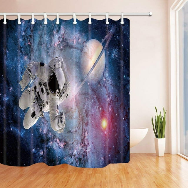 RYLABLUE Décoration de l'Espace Astronaut dans l'Espace avec Planètes Globe Satellite Rideau de Douche de Salle de Bain en Tissu Polyester 66x72 Pouces