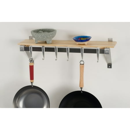 Wall Mount Track (Concept Housewares, Wall Mounted Stainless Steel Track Wall Kitchen Rack with Natural Wood Shelf, cast aluminum hooks suspended from stainless steel track system slide into any desired)