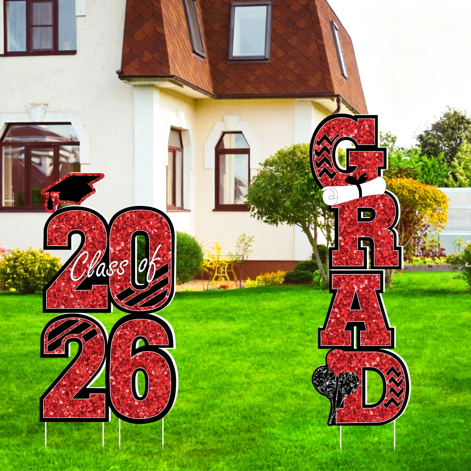 4 Pcs Graduation Yard Signs Class of 2026 Graduation Decoration Waterproof 2026 Grad Lawn Yard Sign Glitter Congratulations Signs with Stakes for School Party Outdoor Decor(Red)