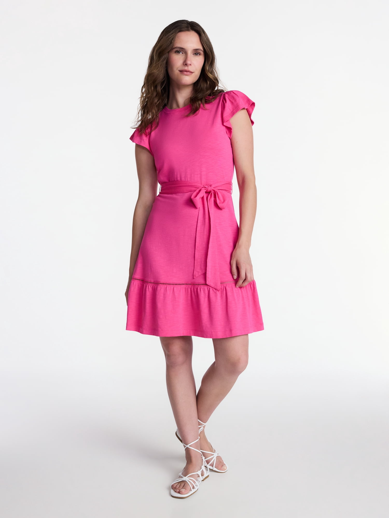 Time and Tru Women's and Women's Plus Belted Mini Dress with Flutter Sleeves, Sizes XS-4X