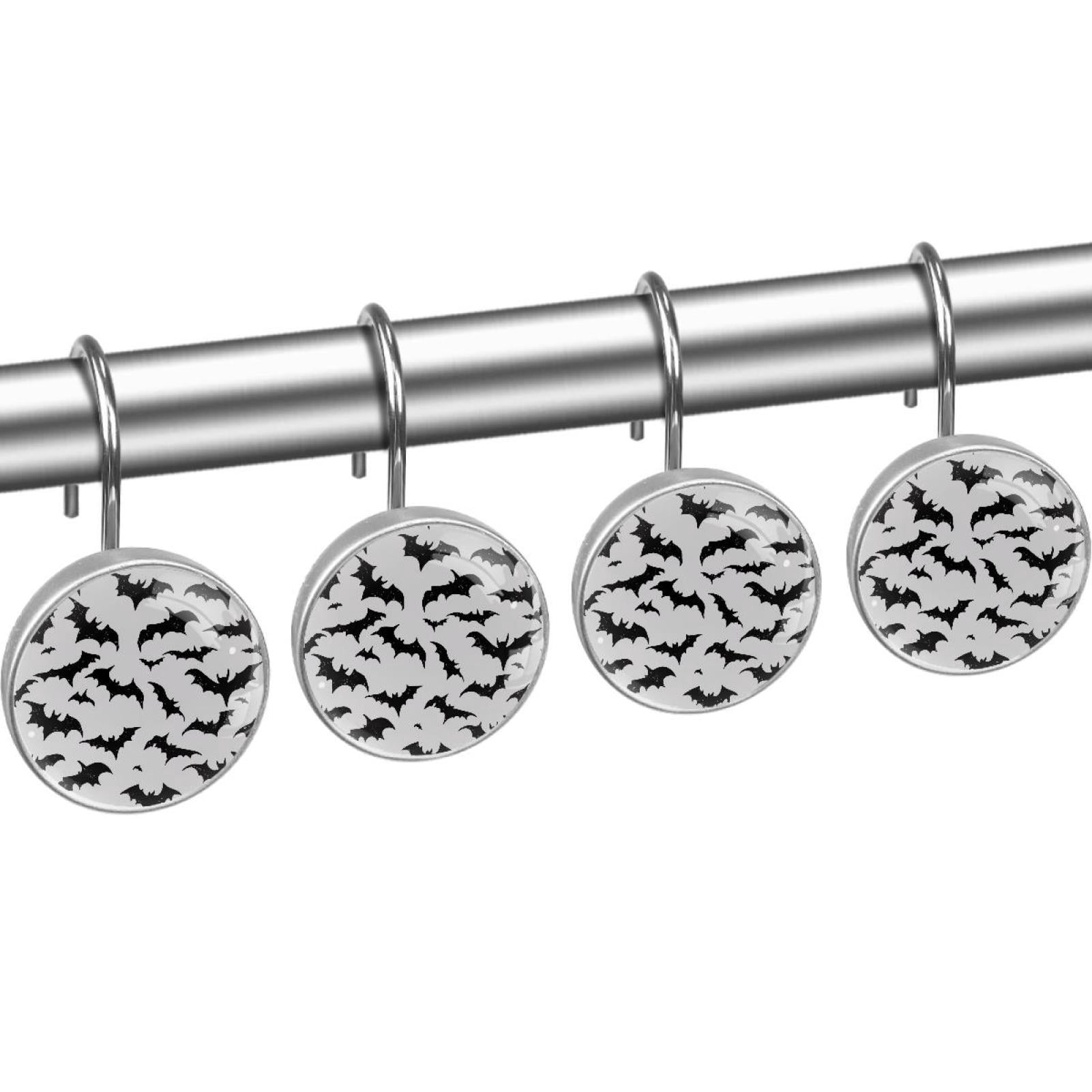 Black Halloween Bats Shower Curtain Hooks Round Crystal Glass, Set of 12 Shower Curtain Rings - Shower Hooks for Curtain Shower Rings