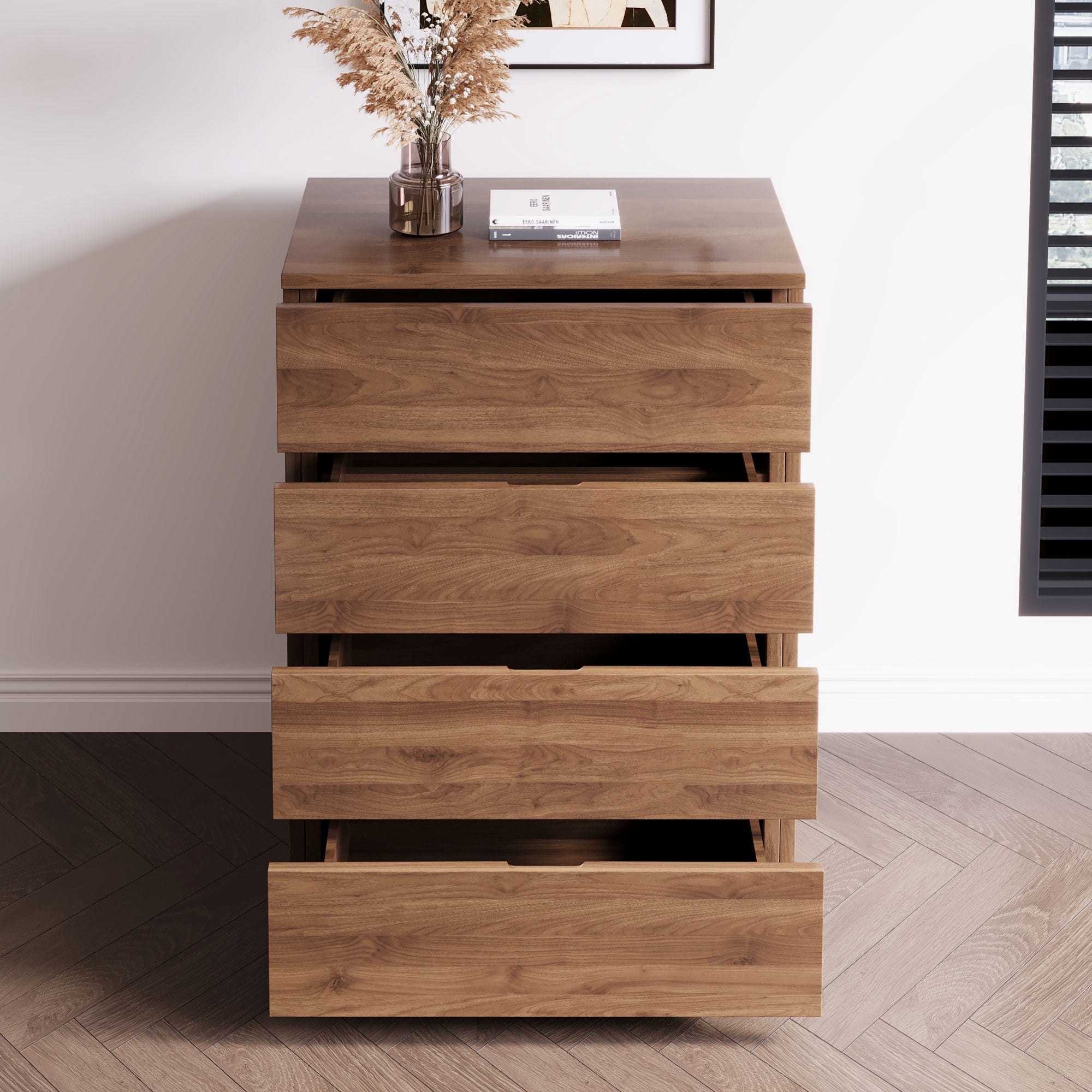 NessCarsti Modern Storage Cabinet with 4 Drawers and Shelves, Walnut Brown, 21.65"