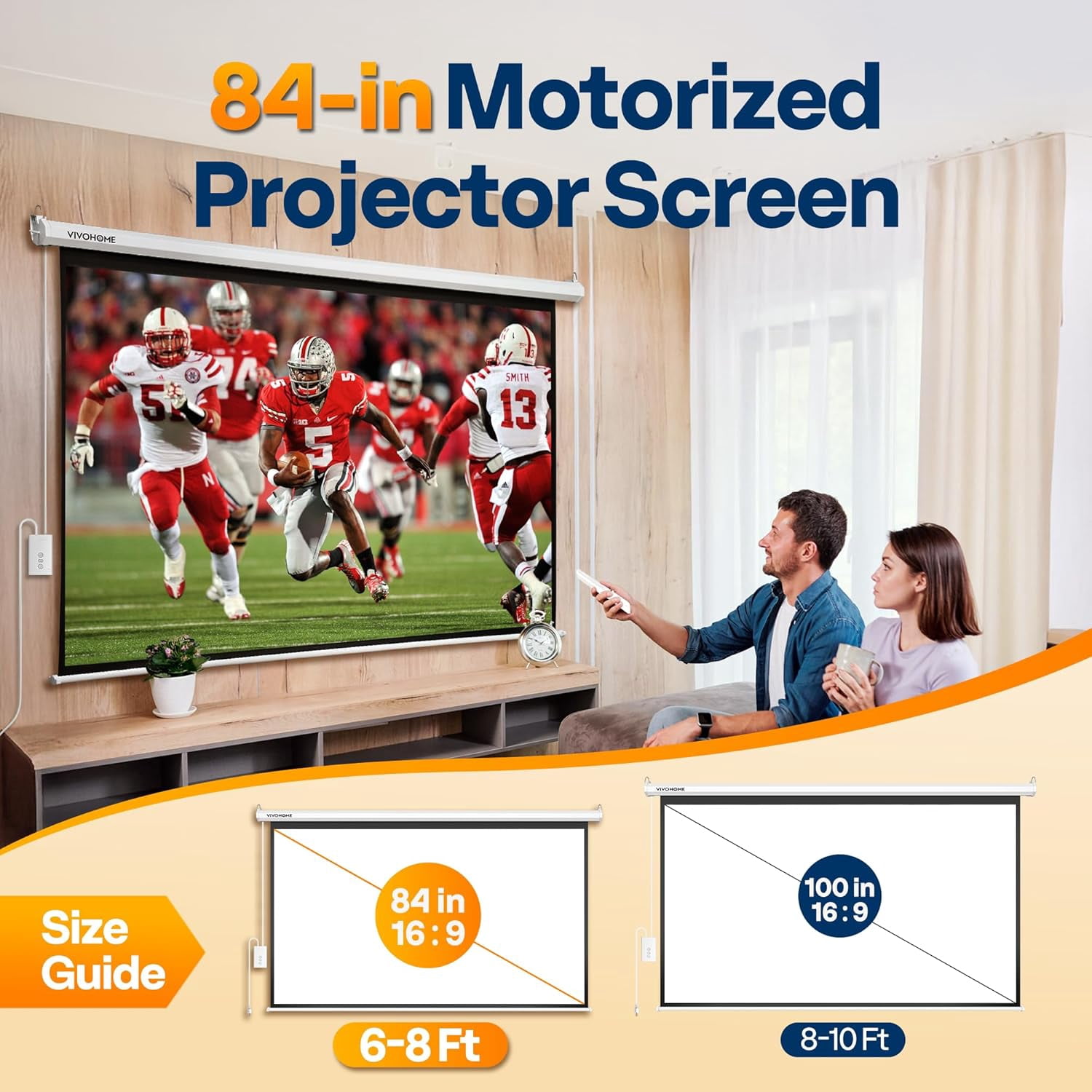 SPECSTAR Motorized Projector Screen with Remote, 16:9 84 Inch Auto Electric Projection Screen, HD 4K Movie Screen for Home Theater, Cinema, Office (73 x 41 White)