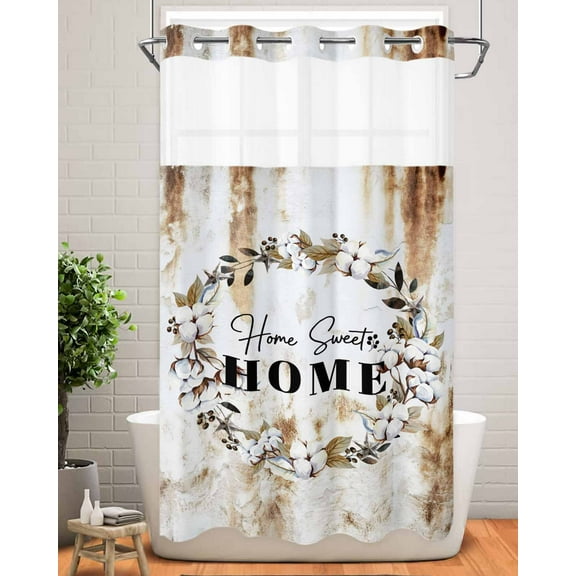 No Hook Shower Curtain with Snap in Liner,Sweet Home Words Cotton Waterproof Bath Curtain Double Layers with See Through Top Window,Vintage Country Art Hotel Shower Curtains 36x72in