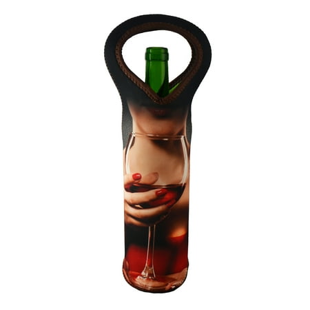 Insulated Holding Cabinet - Neoprene Insulated Wine Bottle Holder Carrier Tote, Woman Holding Red Wine Glass, Keeps Wine, Beer, Or Water Cool & Fresh Portable & Stylish