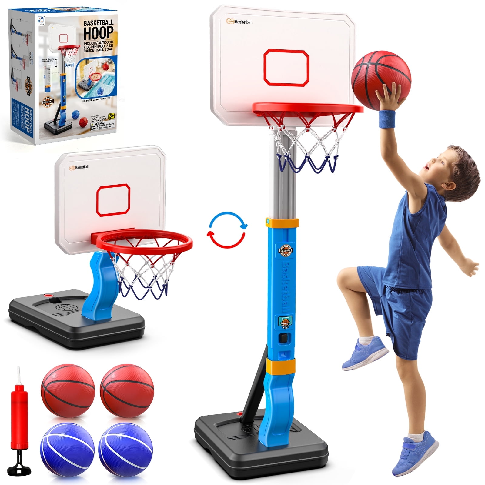 Carsky Kids Basketball Hoop, Height Adjustable Hoop with 4 Balls, Indoor Outdoor Sports Game Toys Gifts for 3-8 Years Old Boys Girls