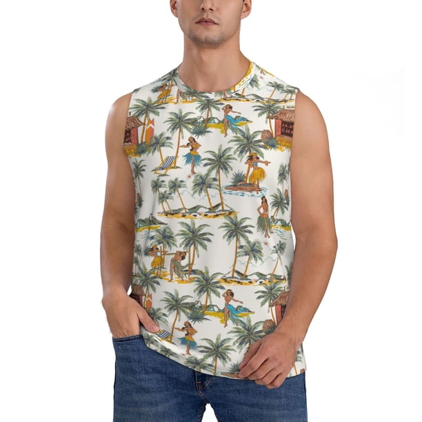 Fotbe Hawaiian Style Men's Camiseta sin Mangas Estampada para Hombres, Playera Casual para Gimnasio, Entrenamiento, Playa-XX-Large