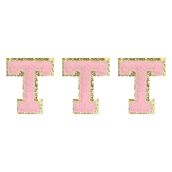 Chenille Letters T Patches Large Size 80mm/3.15 Inch Golden Glitter for Clothing,Shoes,Hats 3PCS(Pink)