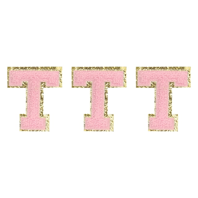 Carteles de letras de chenilla T parches de gran tamaño 80mm/3.15 pulgadas con brillo dorado para ropa, zapatos, gorras 3PCS (rosa)