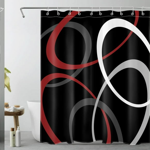 Modern GeoCircle Shower Curtain - Red, Grey & White Minimalist Design with 10 Hooks, 60x72 Inch