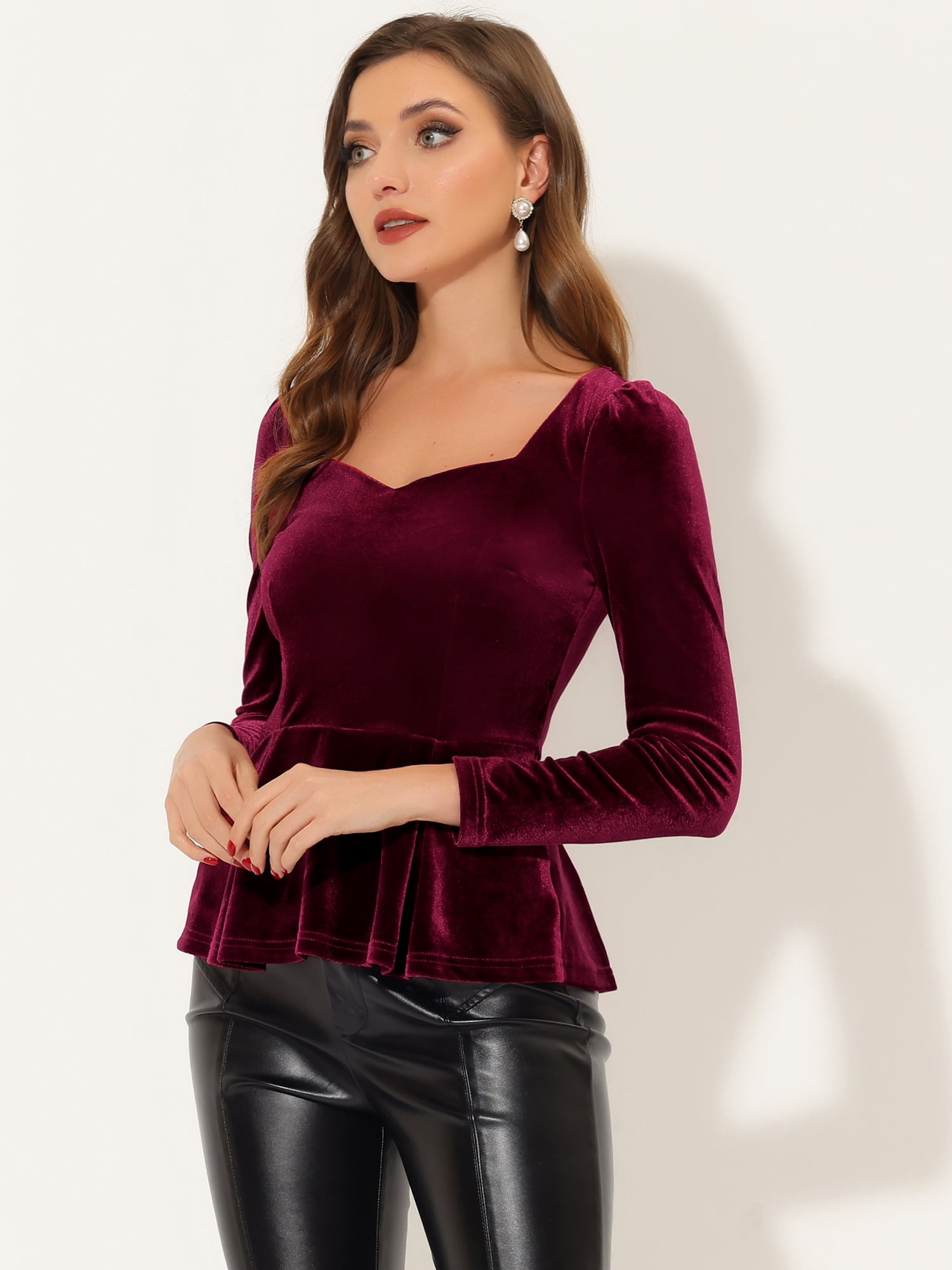 DARING DIVA Elegant Velvet Sweetheart Neck Peplum Top XL Burgundy