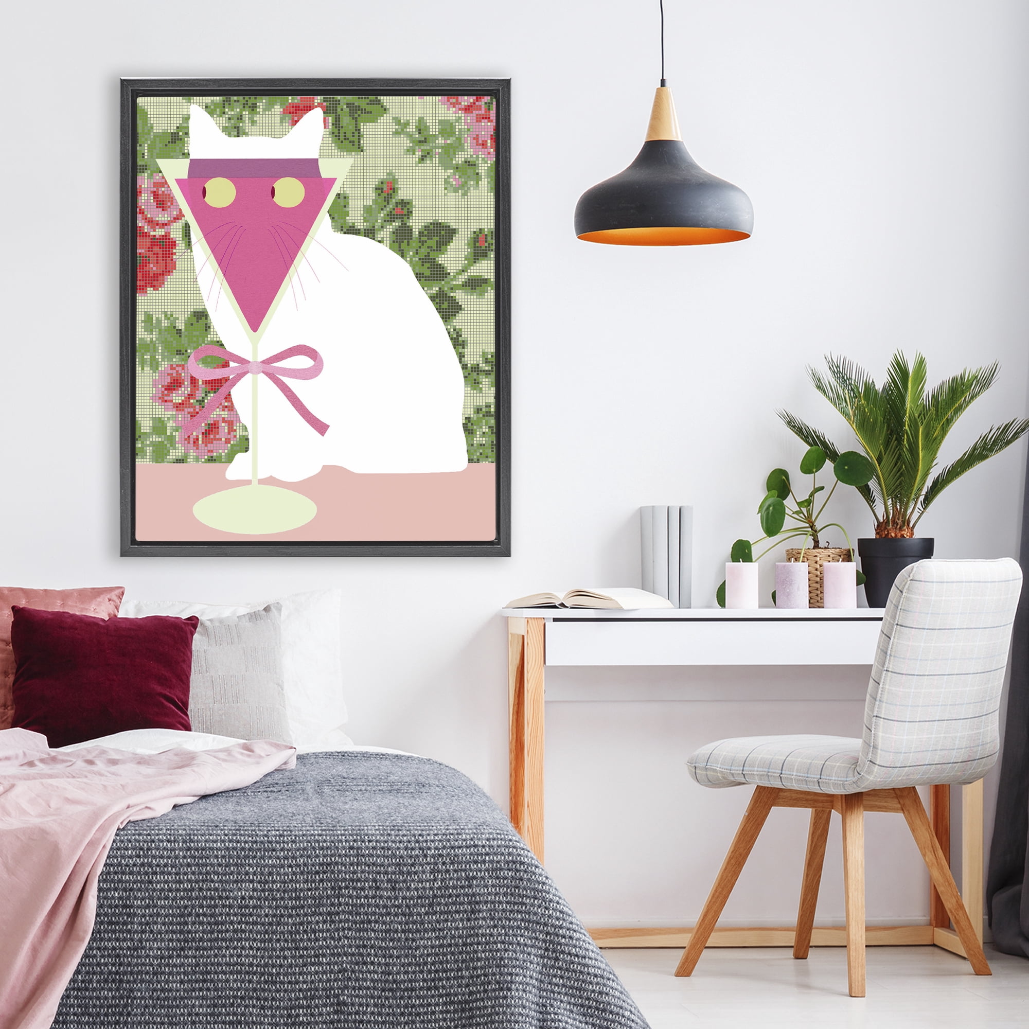 Stupell Industries White Cat with Pink Martini Black Framed Floater Canvas Wall Art, design by Lil' Rue